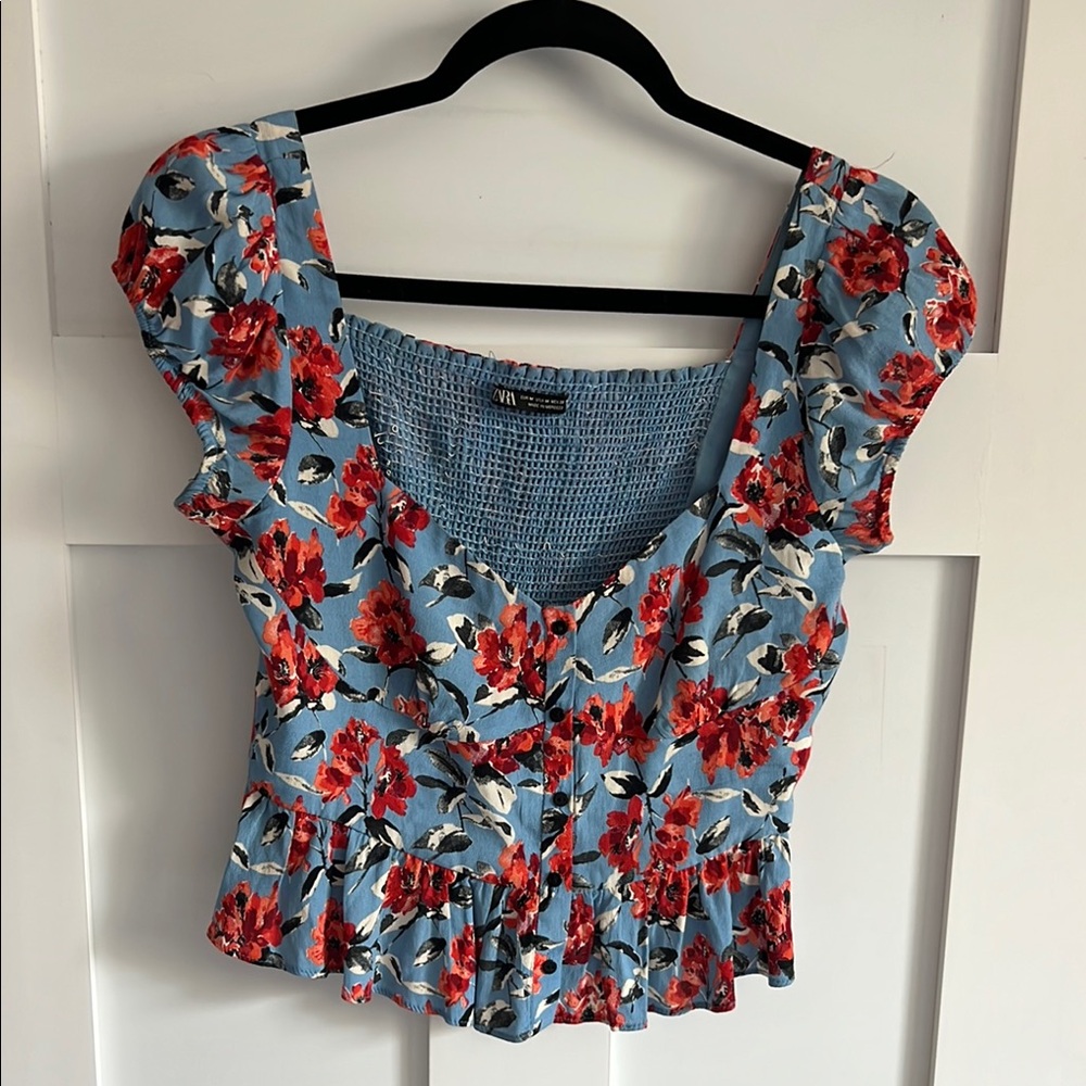 Zara Women’s Floral Blue and Red Crop Top Size Medium - Picture 2 of 6
